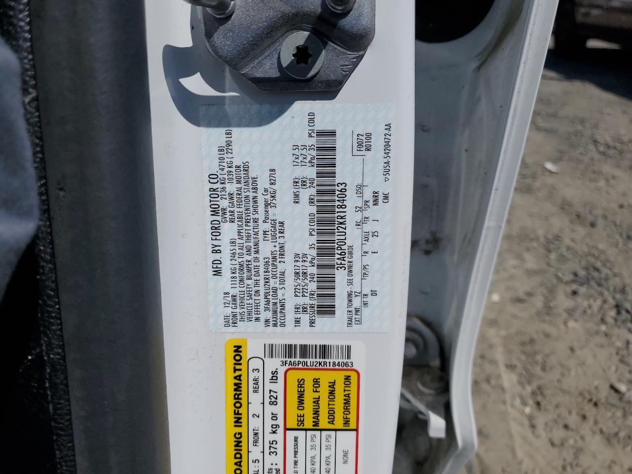 2019 Ford Fusion Se VIN: 3FA6P0LU2KR184063 Lot: 54024885