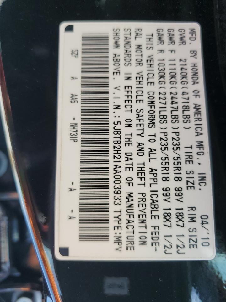 2010 Acura Rdx VIN: 5J8TB2H21AA003933 Lot: 52762855