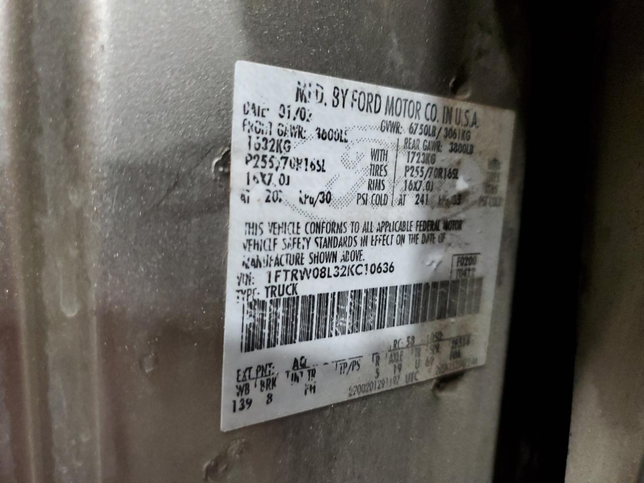 2002 Ford F150 Supercrew VIN: 1FTRW08L32KC10636 Lot: 52336045