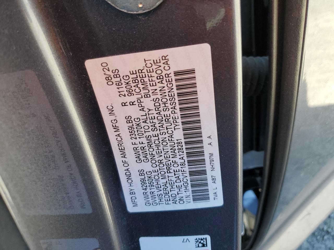 2020 Honda Accord Lx VIN: 1HGCV1F18LA128281 Lot: 52355465