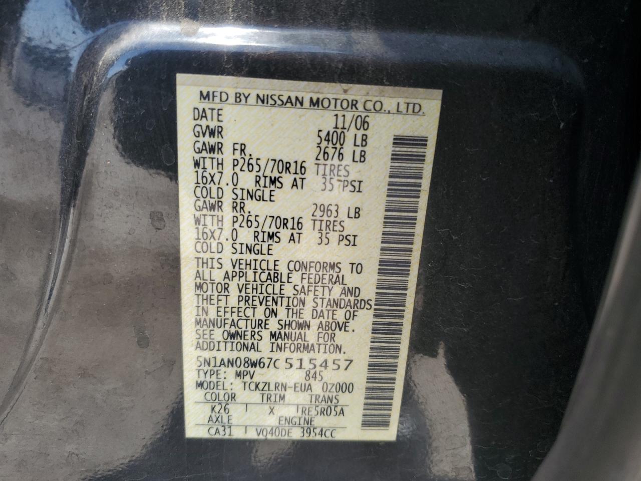 2007 Nissan Xterra Off Road VIN: 5N1AN08W67C515457 Lot: 54798495