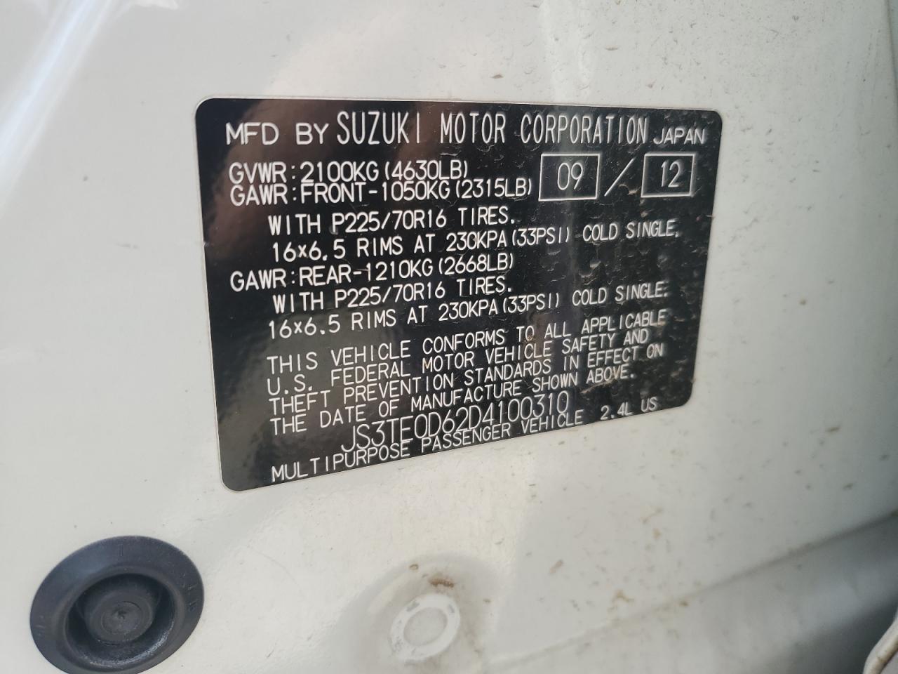 2013 Suzuki Grand Vitara Premium VIN: JS3TE0D62D4100310 Lot: 54916065