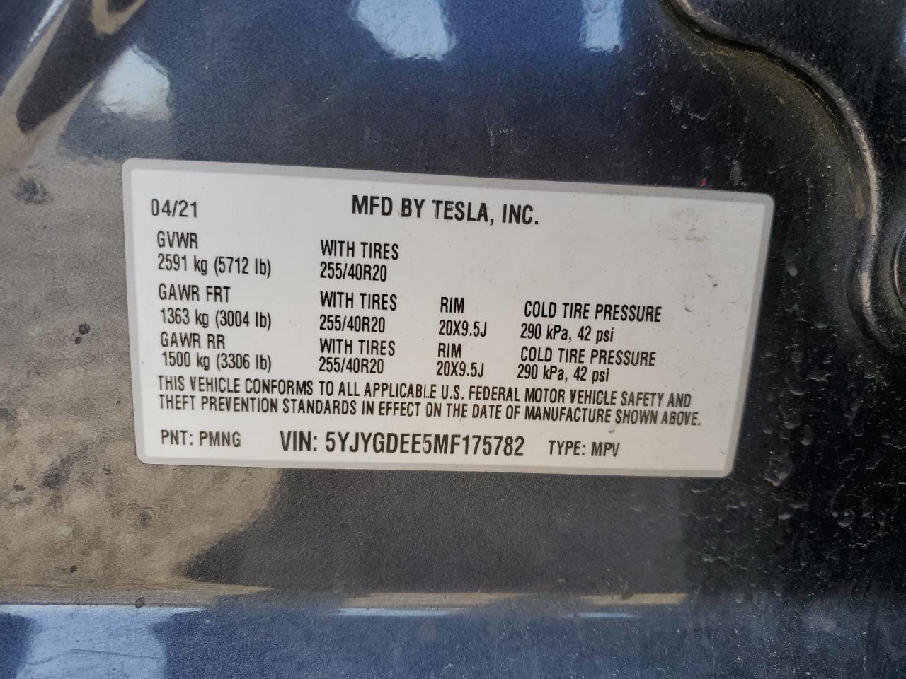 2021 Tesla Model Y VIN: 5YJYGDEE5MF175782 Lot: 51818605