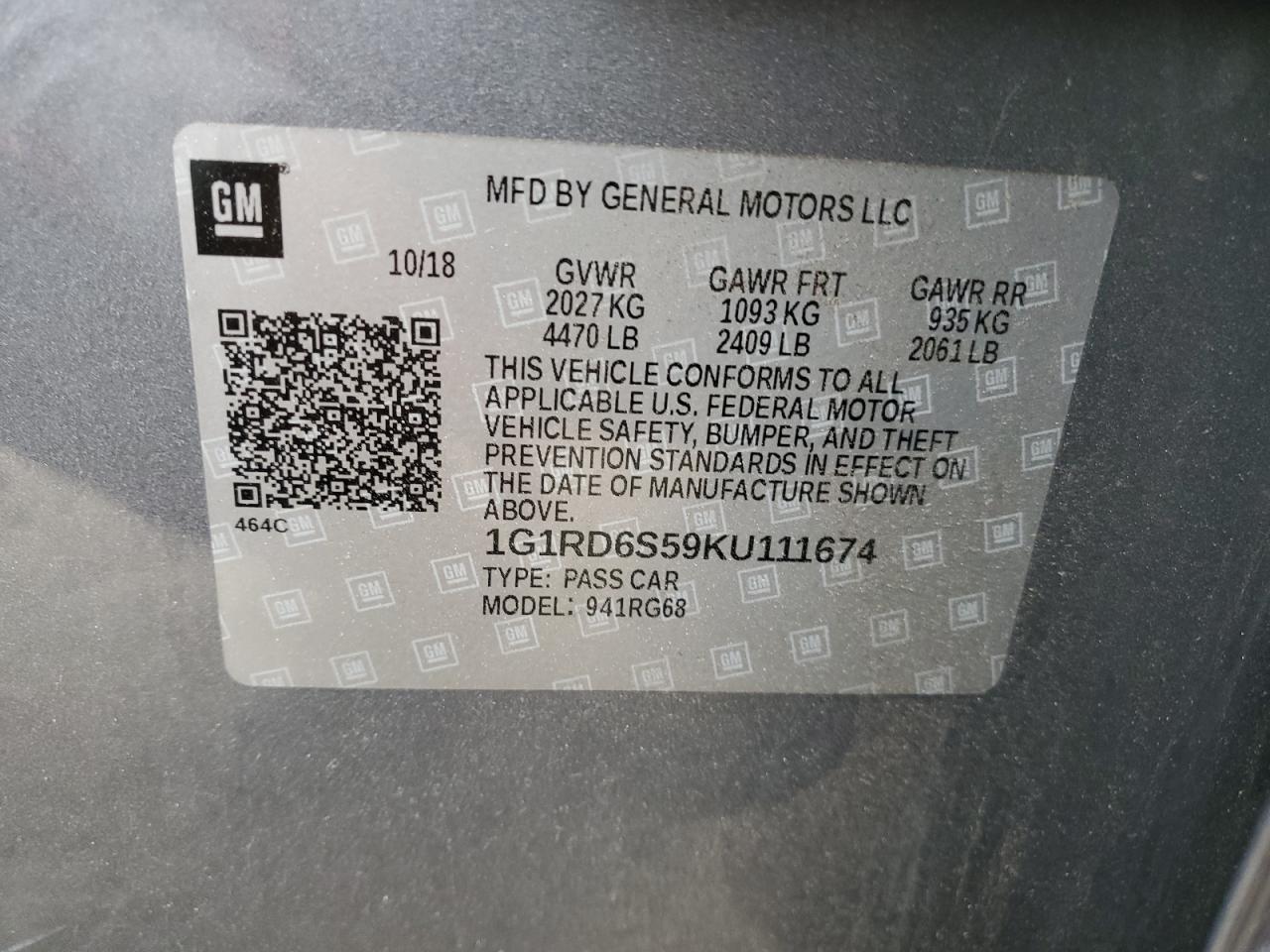 2019 Chevrolet Volt Premier VIN: 1G1RD6S59KU111674 Lot: 54396315