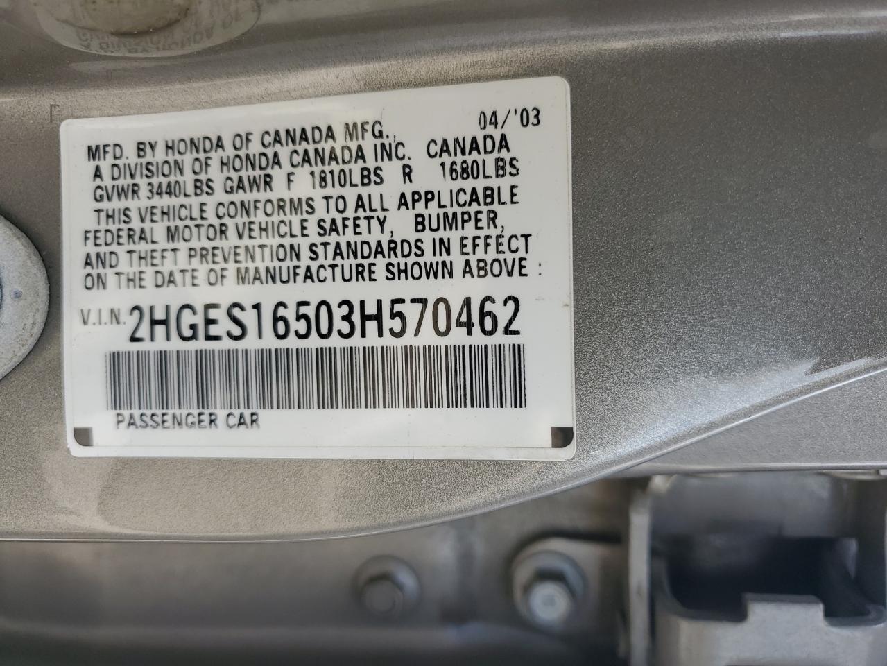 2003 Honda Civic Lx VIN: 2HGES16503H570462 Lot: 52957385