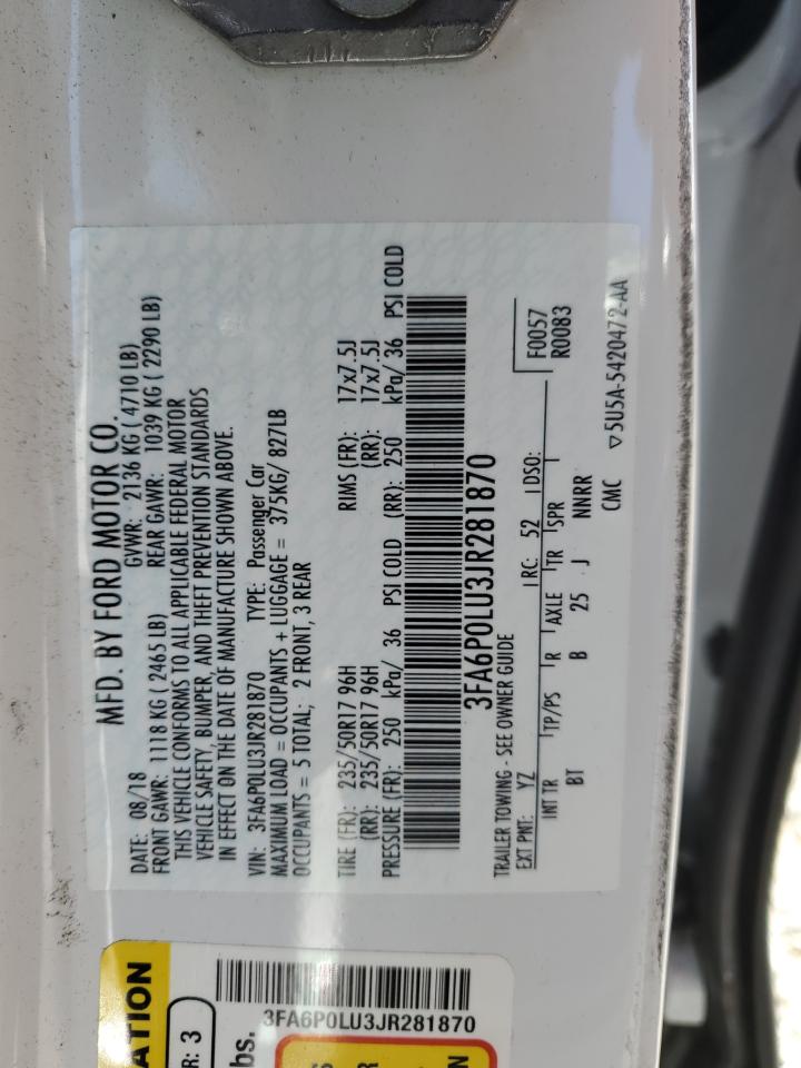 2018 Ford Fusion Se Hybrid VIN: 3FA6P0LU3JR281870 Lot: 54040605