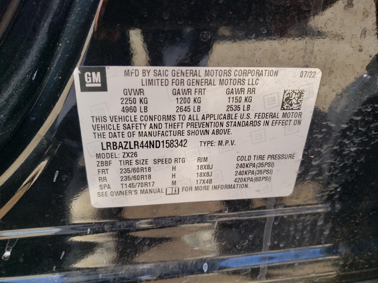 2022 Buick Envision Preferred VIN: LRBAZLR44ND158342 Lot: 52209945
