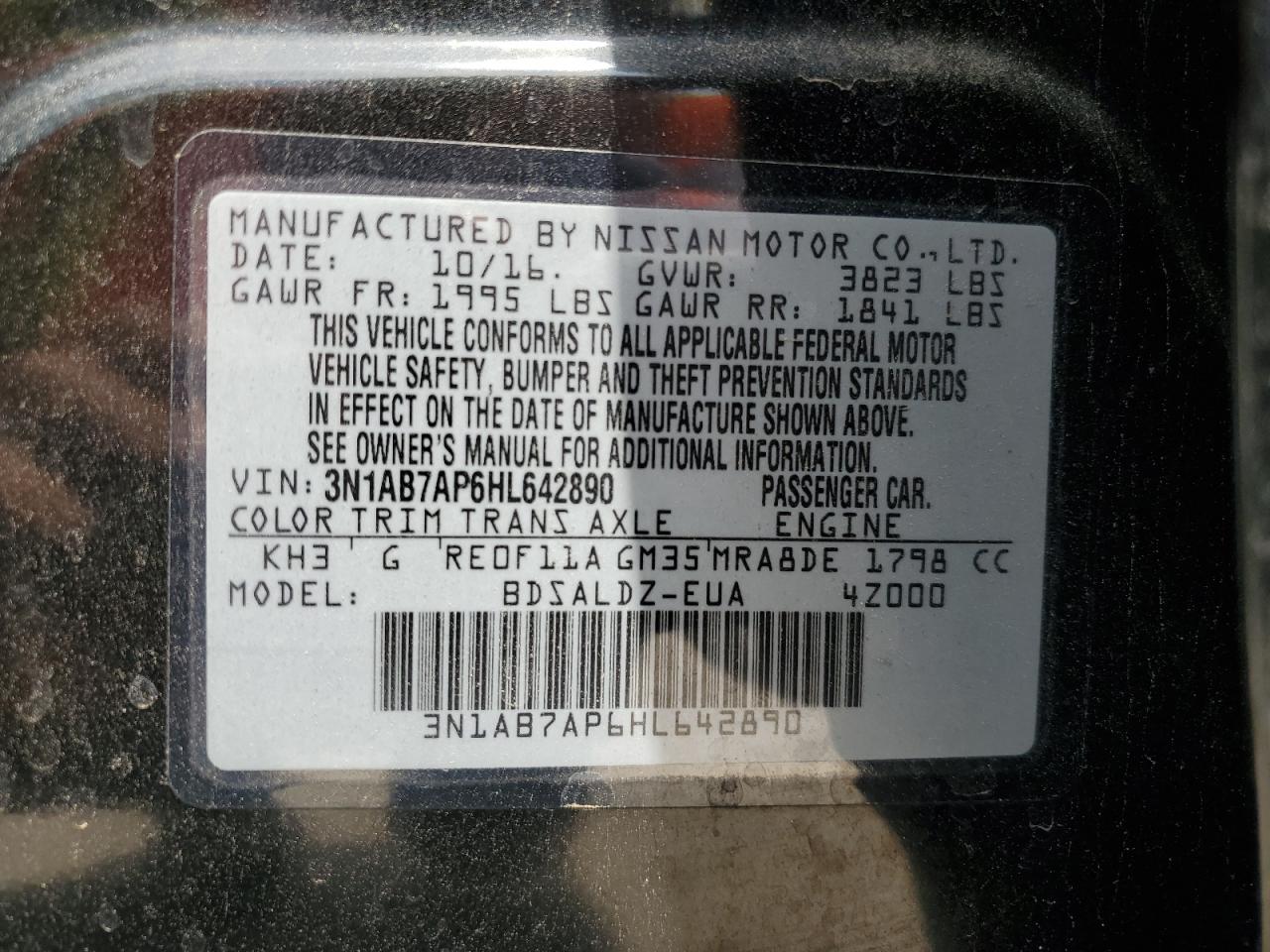 2017 Nissan Sentra S VIN: 3N1AB7AP6HL642890 Lot: 54264455