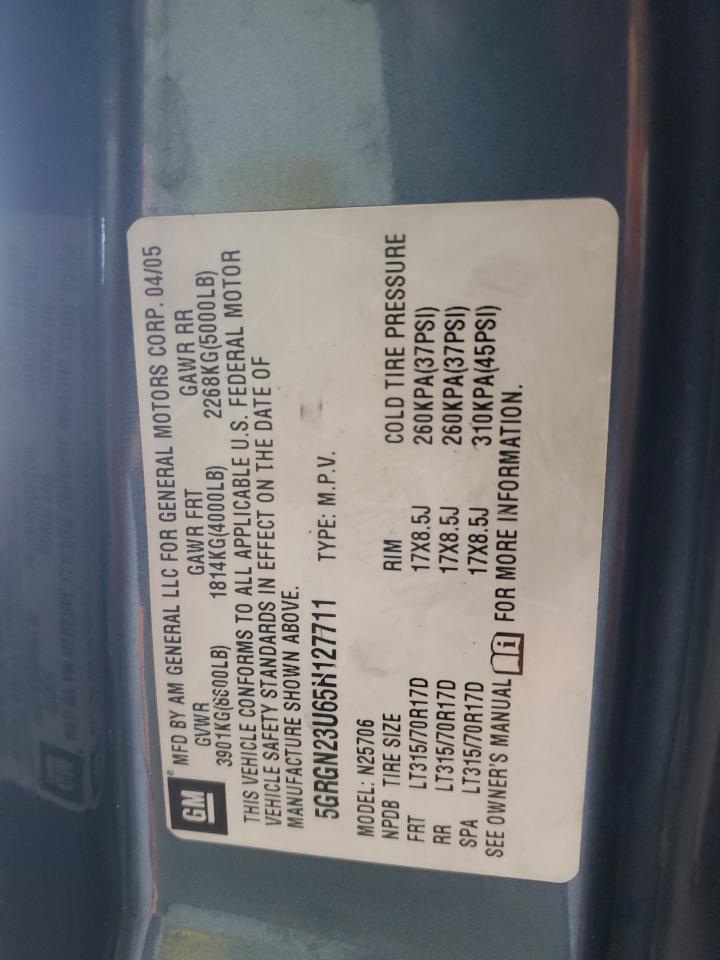 2005 Hummer H2 VIN: 5GRGN23U65H127711 Lot: 53180865