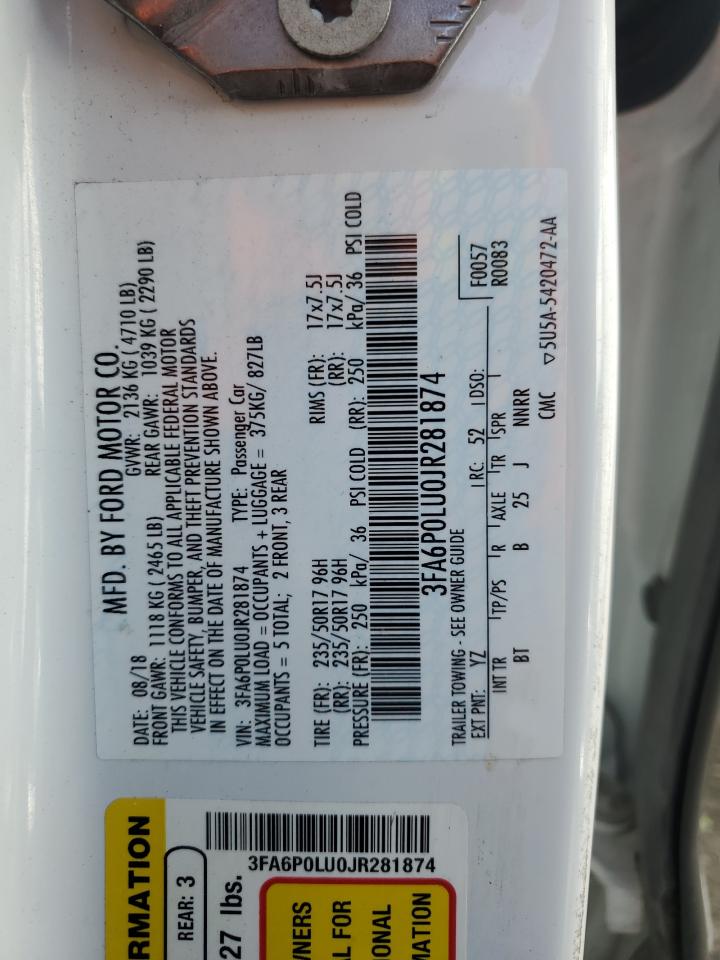 2018 Ford Fusion Se Hybrid VIN: 3FA6P0LU0JR281874 Lot: 54035755