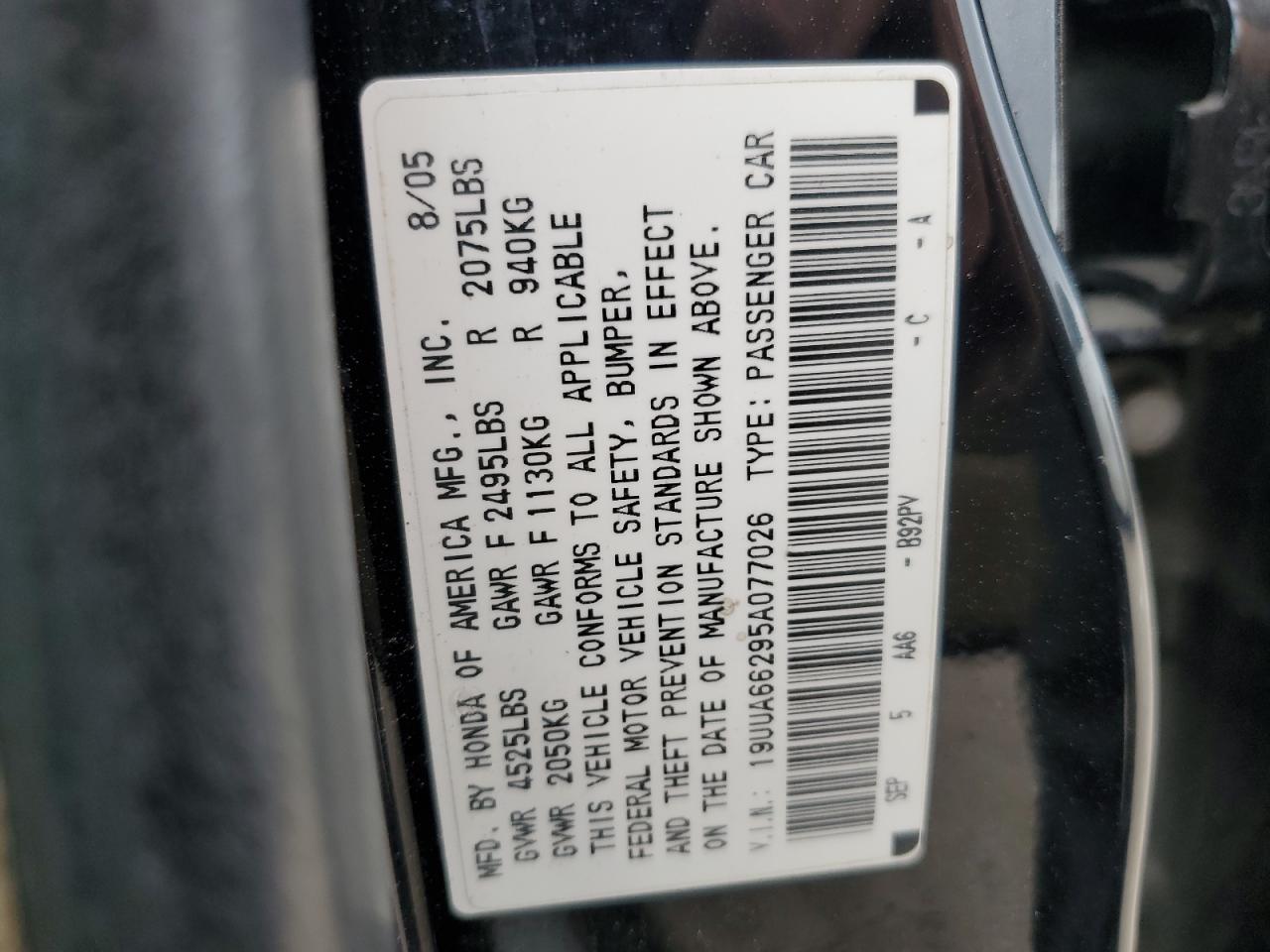 2005 Acura Tl VIN: 19UUA66295A077026 Lot: 50652735