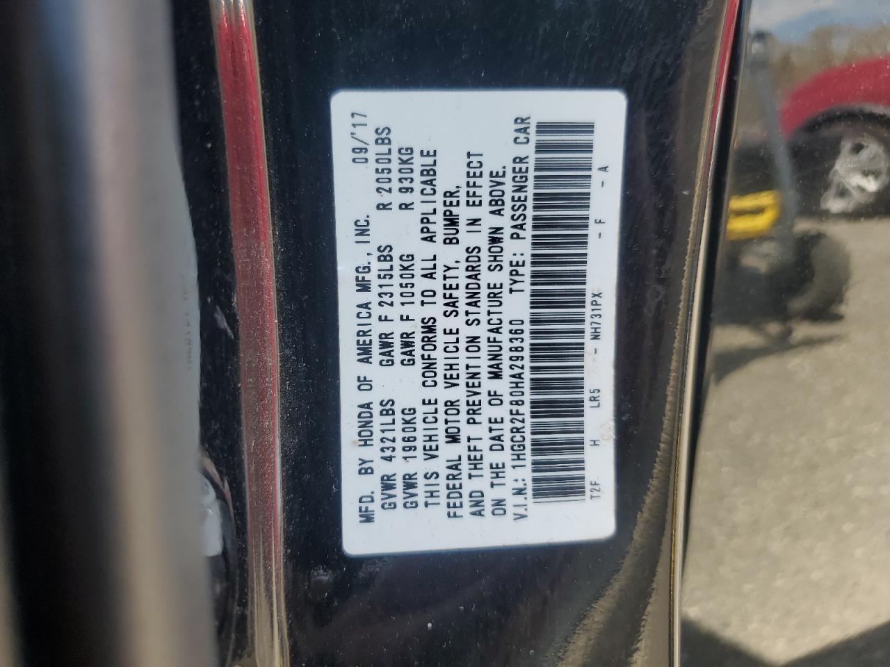 2017 Honda Accord Exl VIN: 1HGCR2F80HA298360 Lot: 85343555