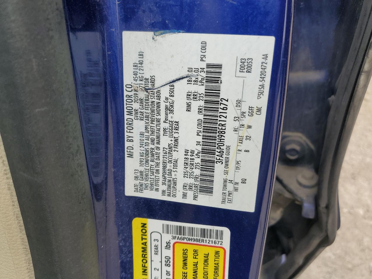 2014 Ford Fusion Se VIN: 3FA6P0H98ER121672 Lot: 53608415