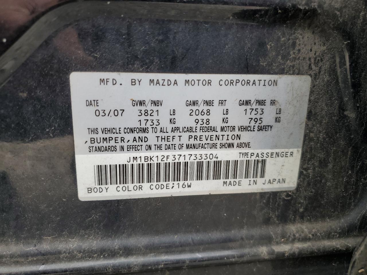 2007 Mazda 3 I VIN: JM1BK12F371733304 Lot: 52172575