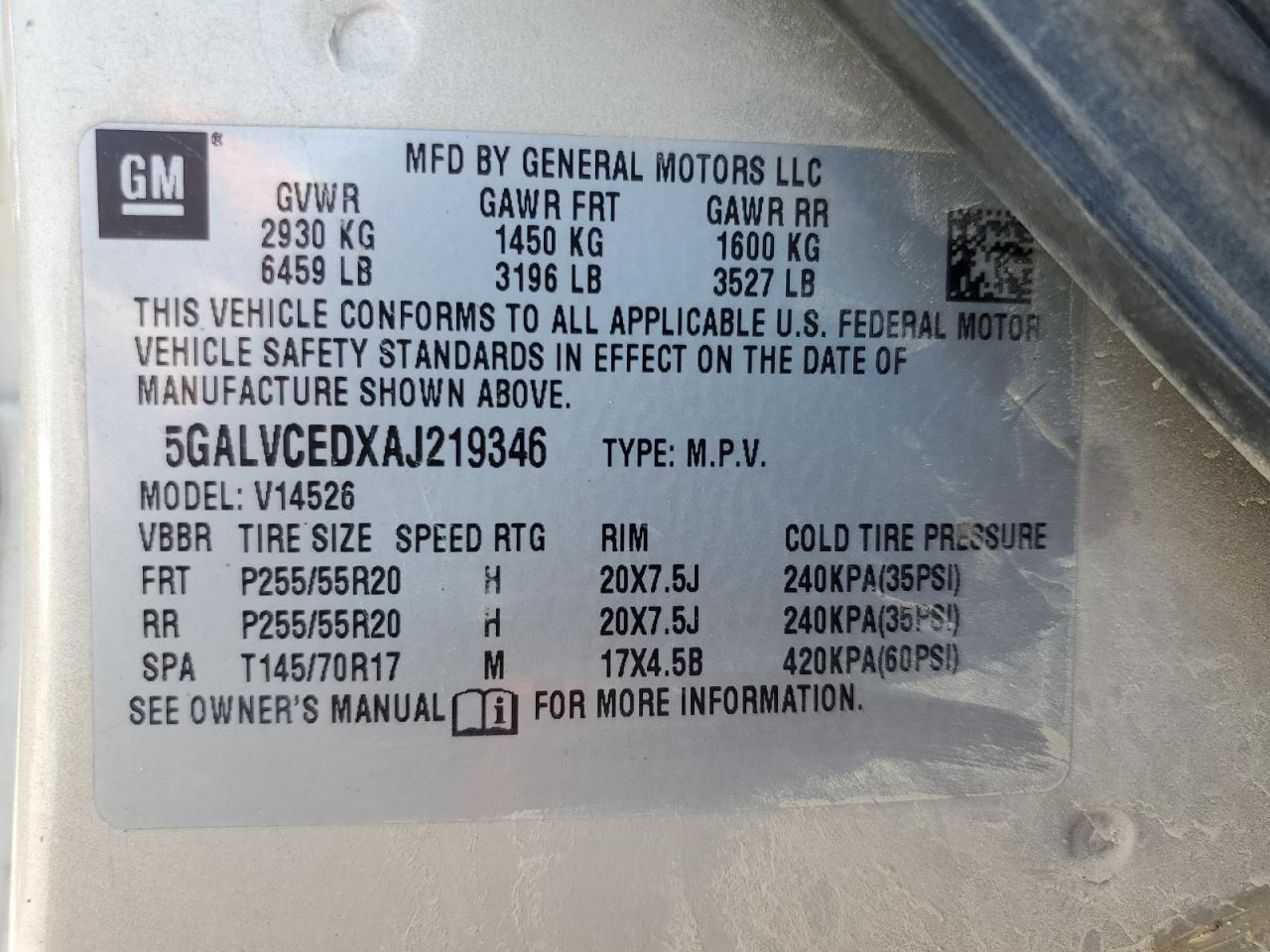 2010 Buick Enclave Cxl VIN: 5GALVCEDXAJ219346 Lot: 69366945