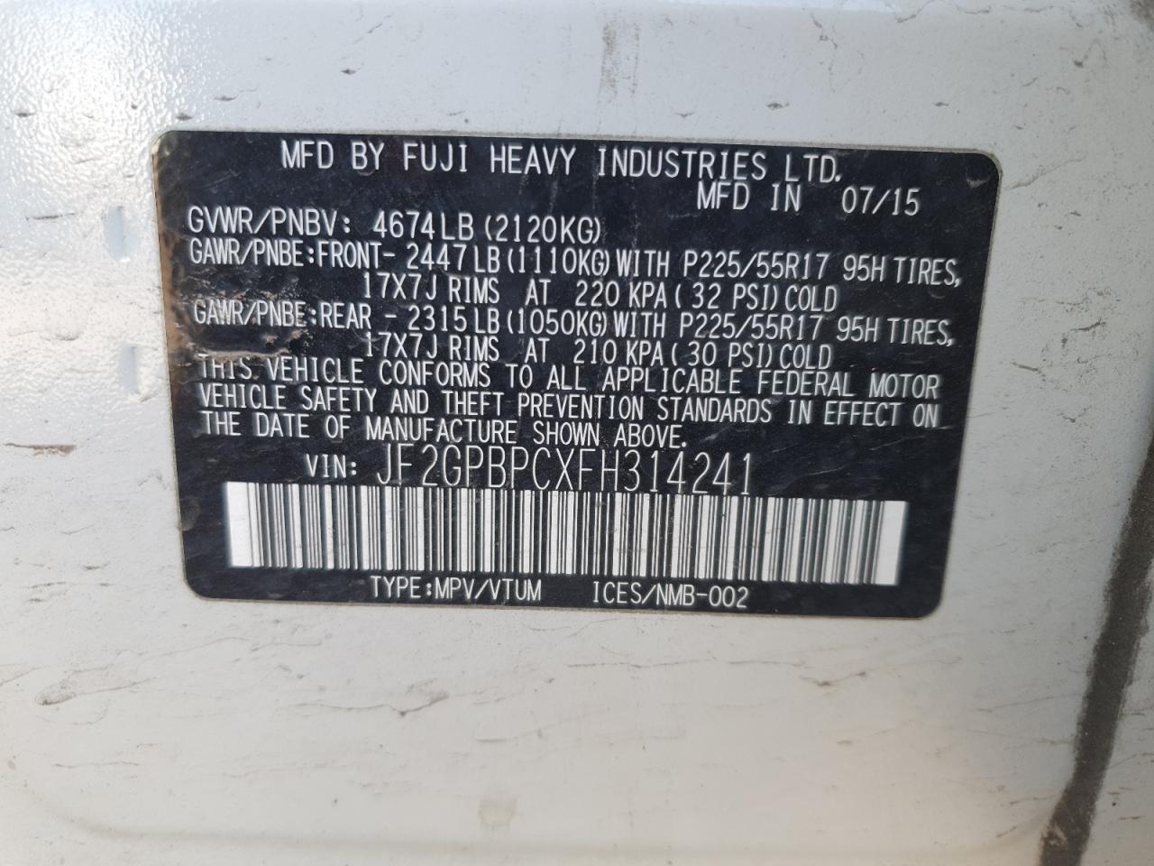 2015 Subaru Xv Crosstrek 2.0I Hybrid Touring VIN: JF2GPBPCXFH314241 Lot: 54792015