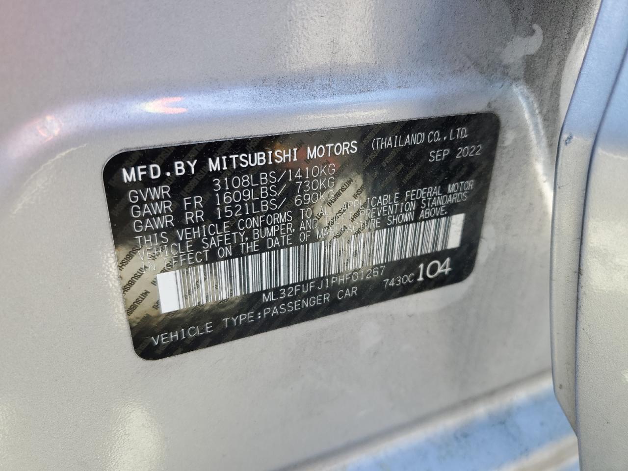 2023 Mitsubishi Mirage G4 Es VIN: ML32FUFJ1PHF01267 Lot: 52785575