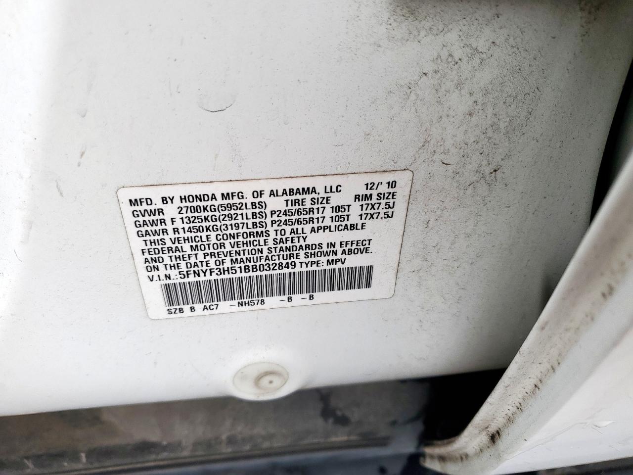 2011 Honda Pilot Exl VIN: 5FNYF3H51BB032849 Lot: 55129255
