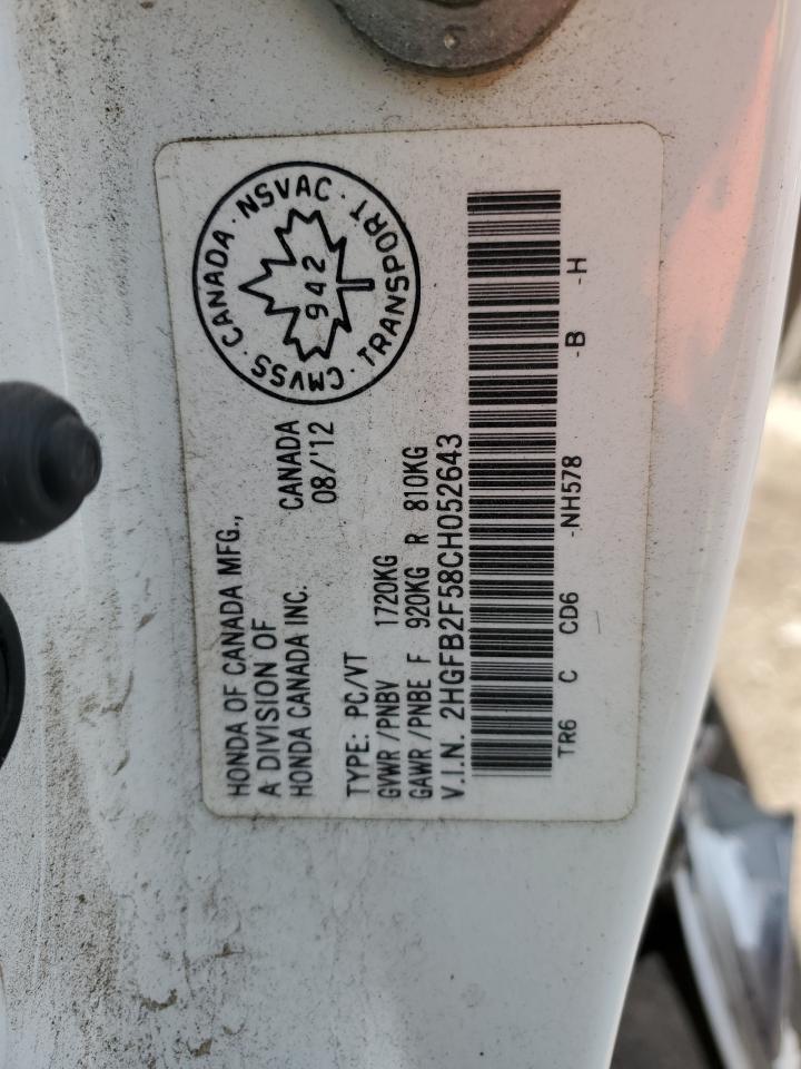 2012 Honda Civic Lx VIN: 2HGFB2F58CH052643 Lot: 55036155