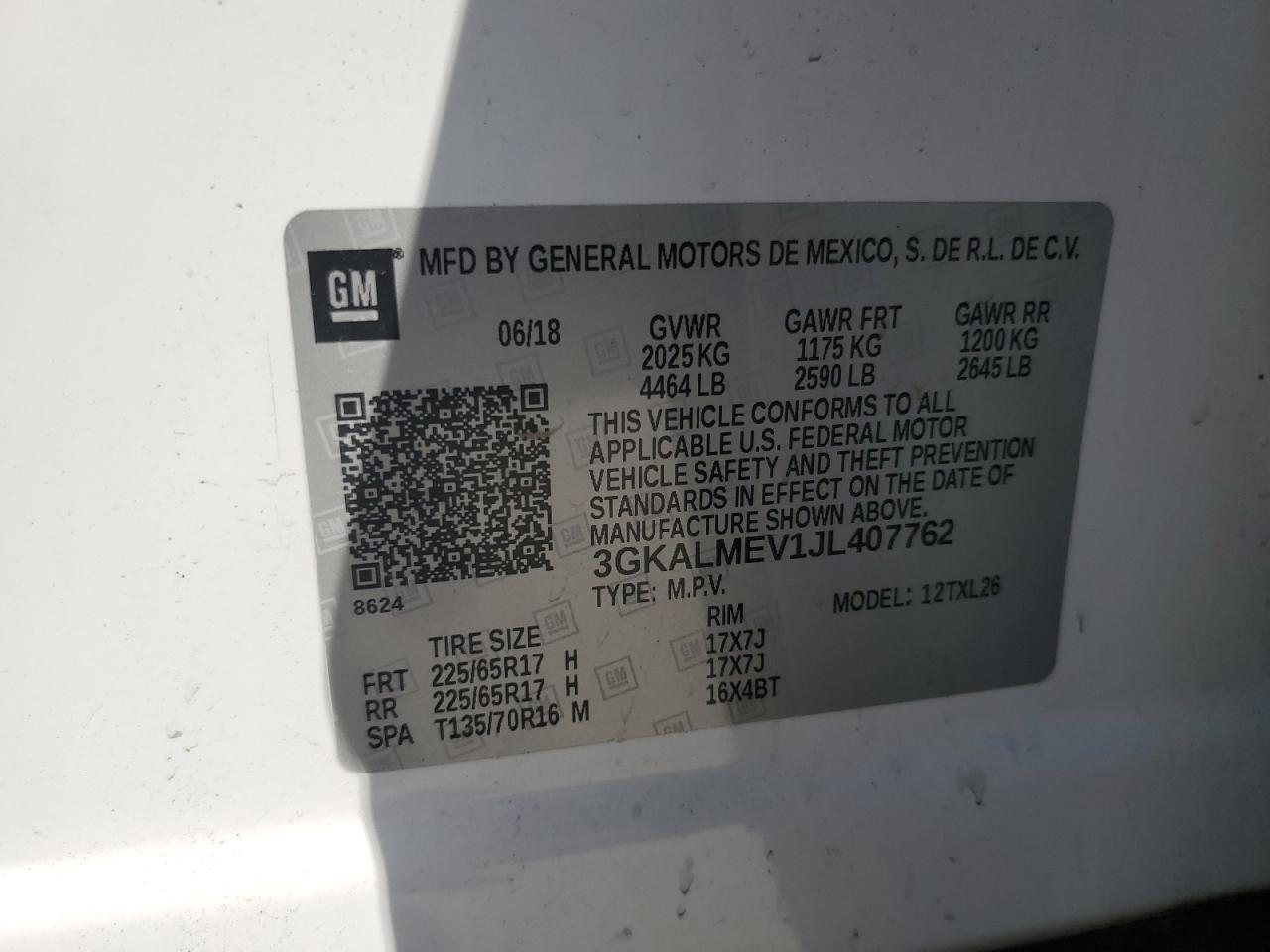 2018 GMC Terrain Sle VIN: 3GKALMEV1JL407762 Lot: 52446865