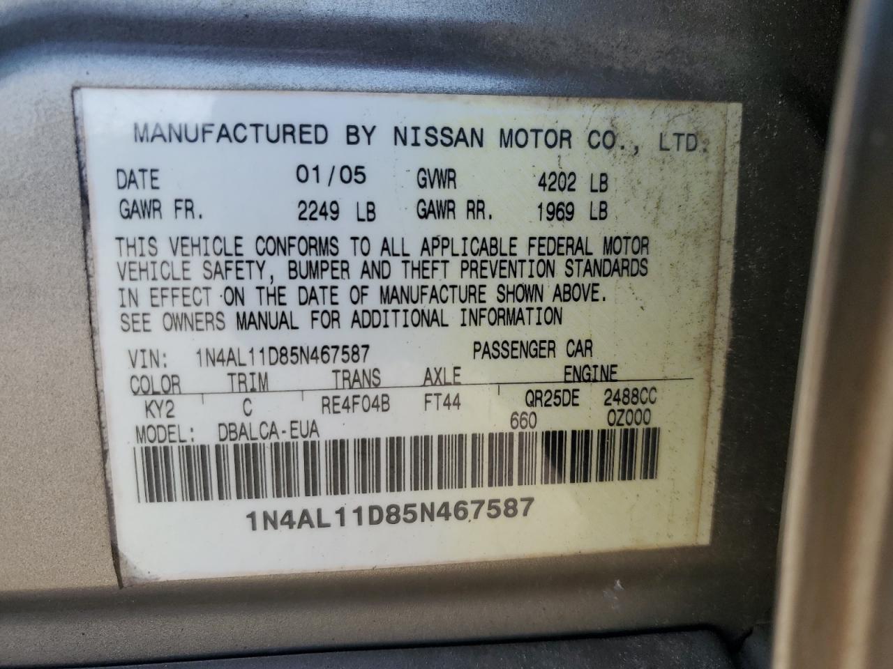 2005 Nissan Altima S VIN: 1N4AL11D85N467587 Lot: 54195005