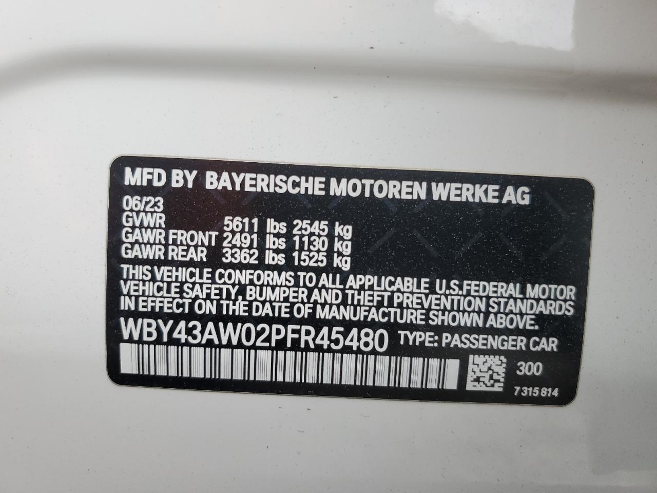 2023 BMW I4 Edrive 35 VIN: WBY43AW02PFR45480 Lot: 53398835