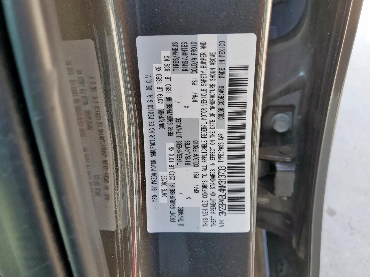 2022 Mazda 3 Select VIN: 3MZBPABL4NM313703 Lot: 52350225
