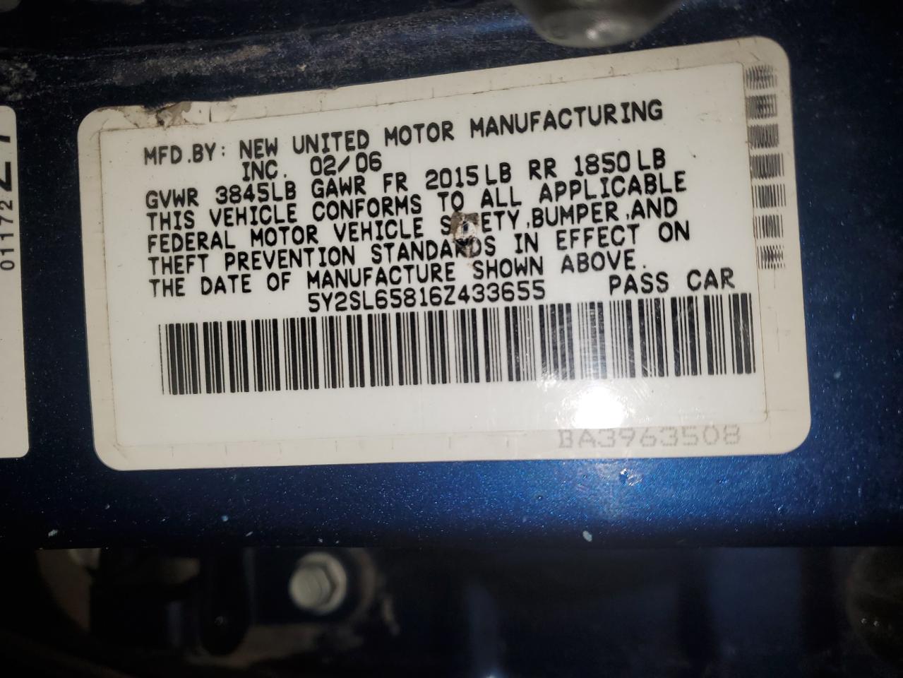 2006 Pontiac Vibe VIN: 5Y2SL65816Z433655 Lot: 51279075