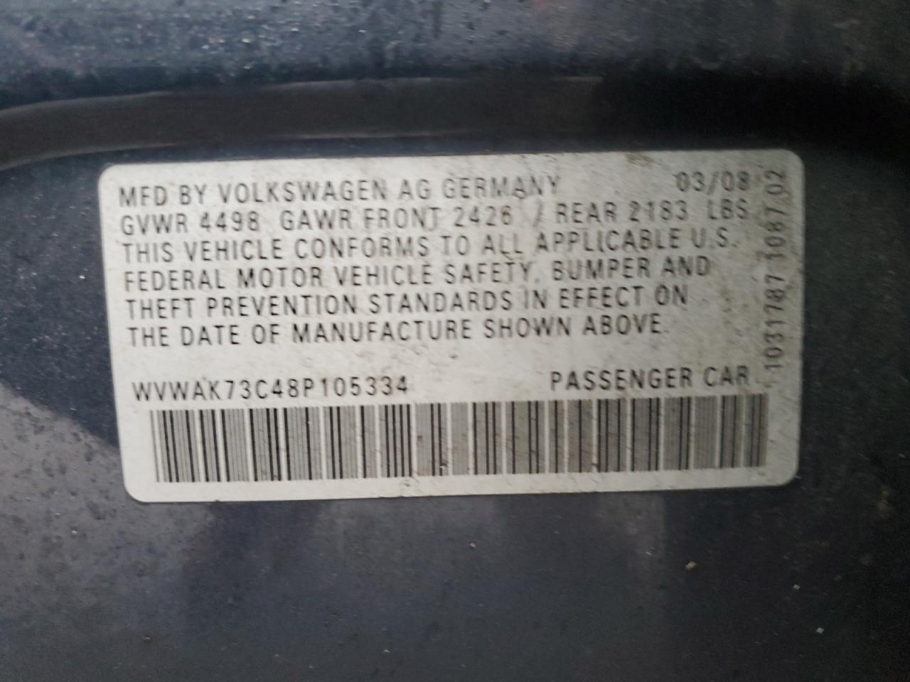 2008 Volkswagen Passat Komfort VIN: WVWAK73C48P105334 Lot: 51759285
