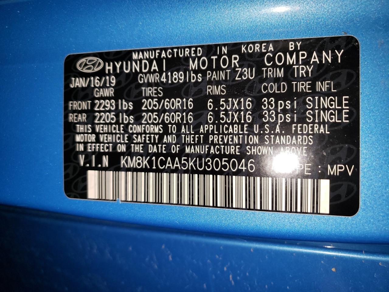 2019 Hyundai Kona Se VIN: KM8K1CAA5KU305046 Lot: 52462535