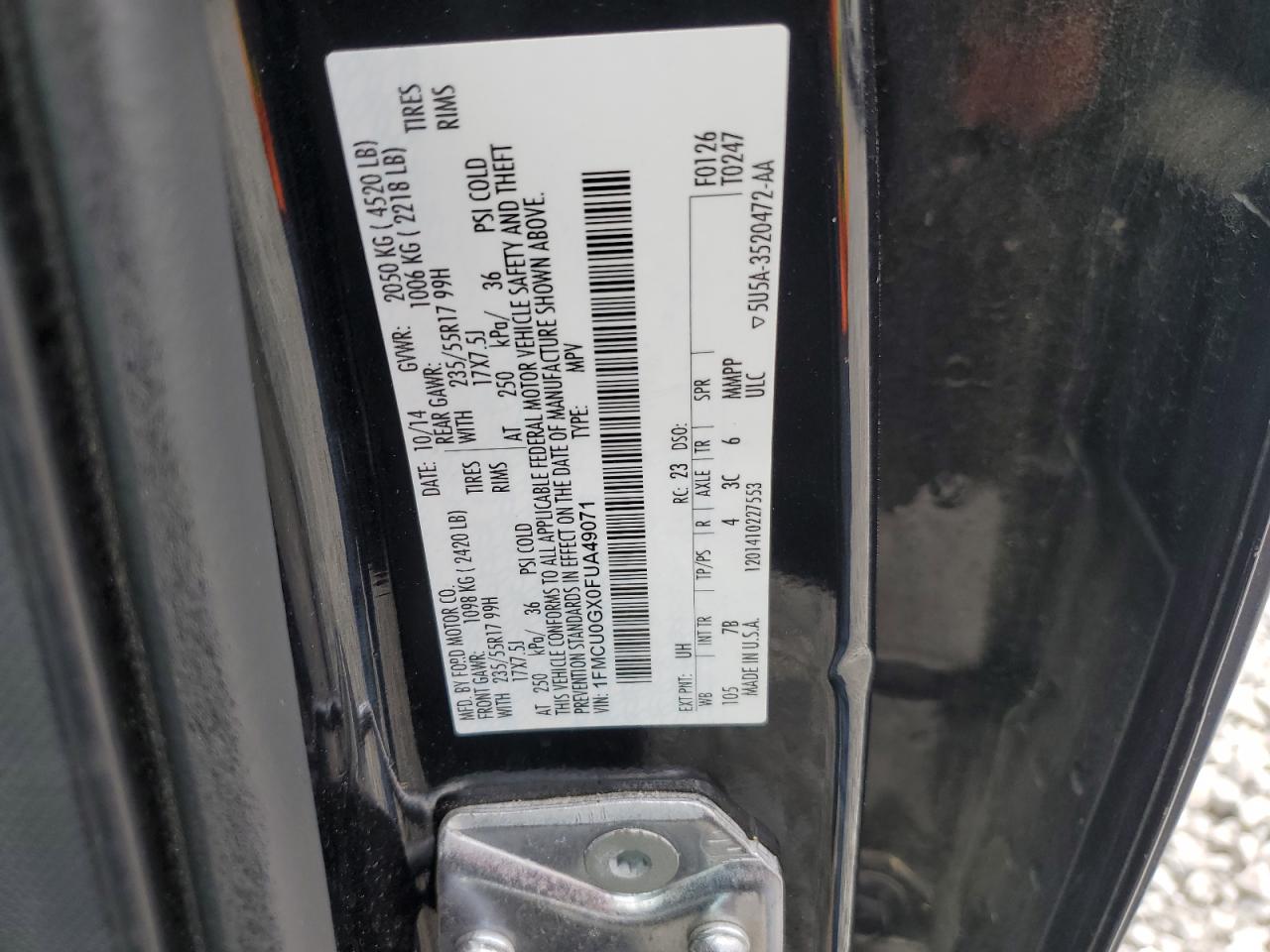 2015 Ford Escape Se VIN: 1FMCU0GX0FUA49071 Lot: 54383105