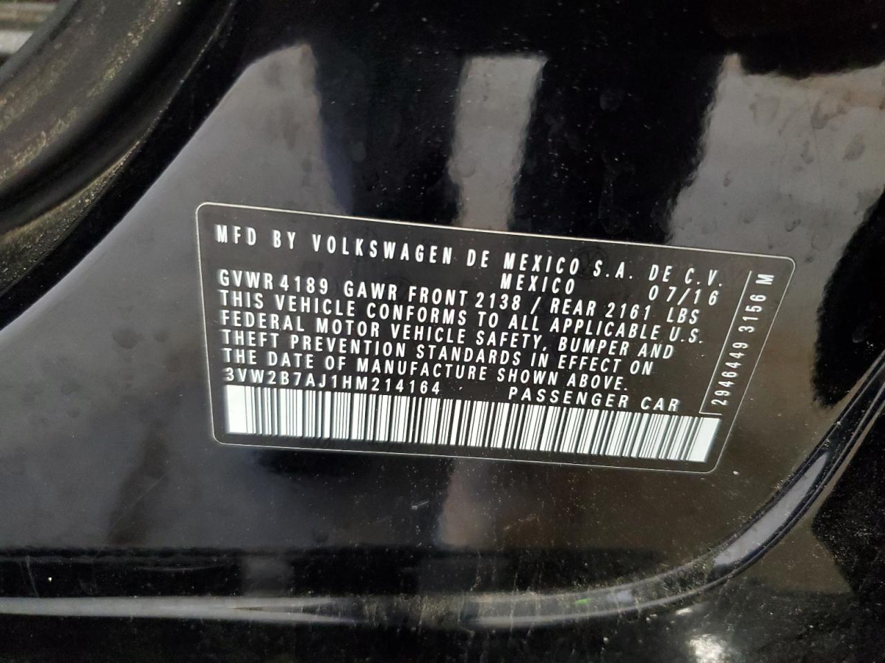 2017 Volkswagen Jetta S VIN: 3VW2B7AJ1HM214164 Lot: 51662335