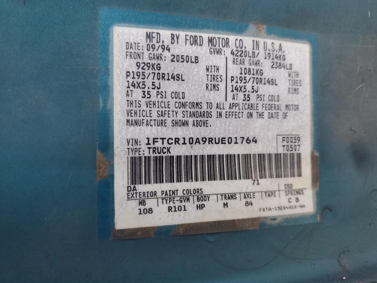 1994 Ford Ranger VIN: 1FTCR10A9RUE01764 Lot: 51811525