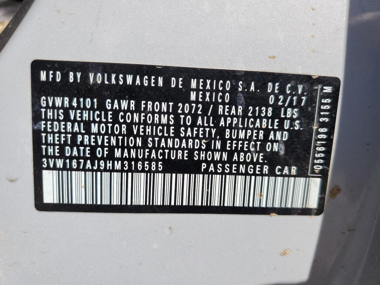 2017 Volkswagen Jetta S VIN: 3VW167AJ9HM316585 Lot: 52113105