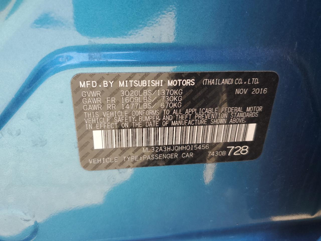 2017 Mitsubishi Mirage Es VIN: ML32A3HJ0HH015456 Lot: 54381915