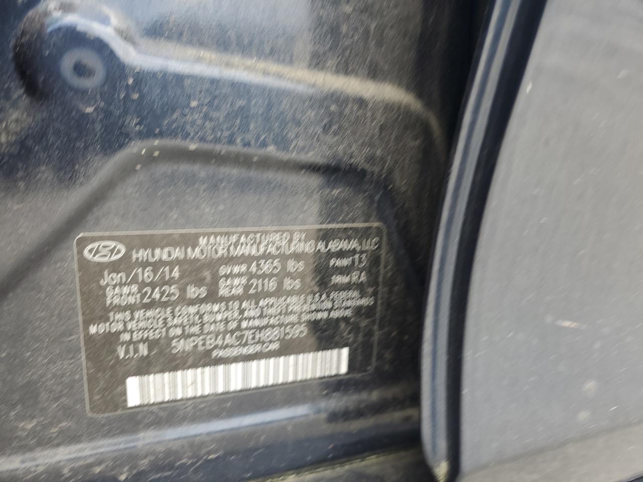 2014 Hyundai Sonata Gls VIN: 5NPEB4AC7EH881595 Lot: 51324235