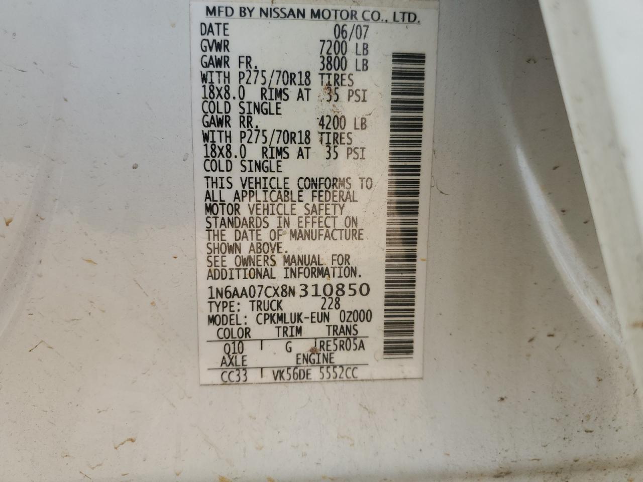 2008 Nissan Titan Xe VIN: 1N6AA07CX8N310850 Lot: 55043775