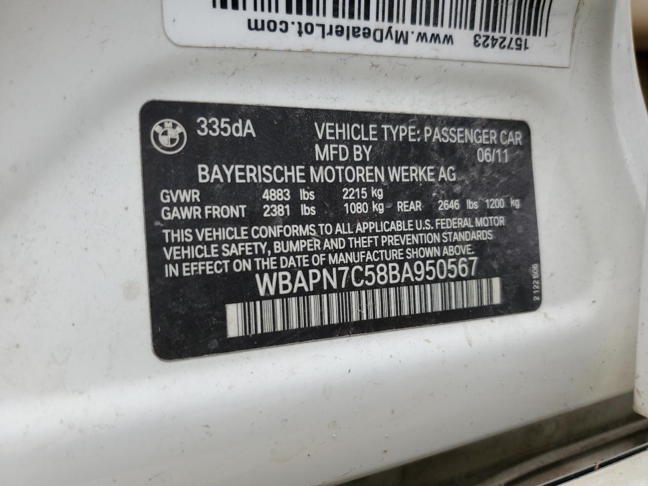 2011 BMW 335 D VIN: WBAPN7C58BA950567 Lot: 51859515