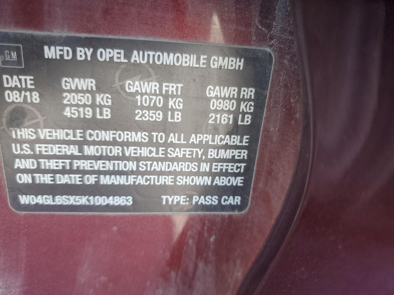 2019 Buick Regal Preferred VIN: W04GL6SX5K1004863 Lot: 53769475