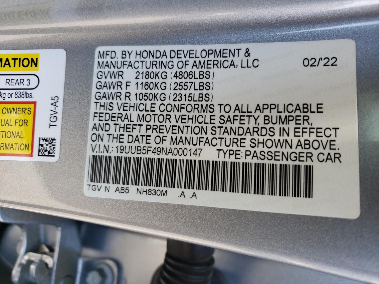 2022 Acura Tlx Technology VIN: 19UUB5F49NA000147 Lot: 52484745