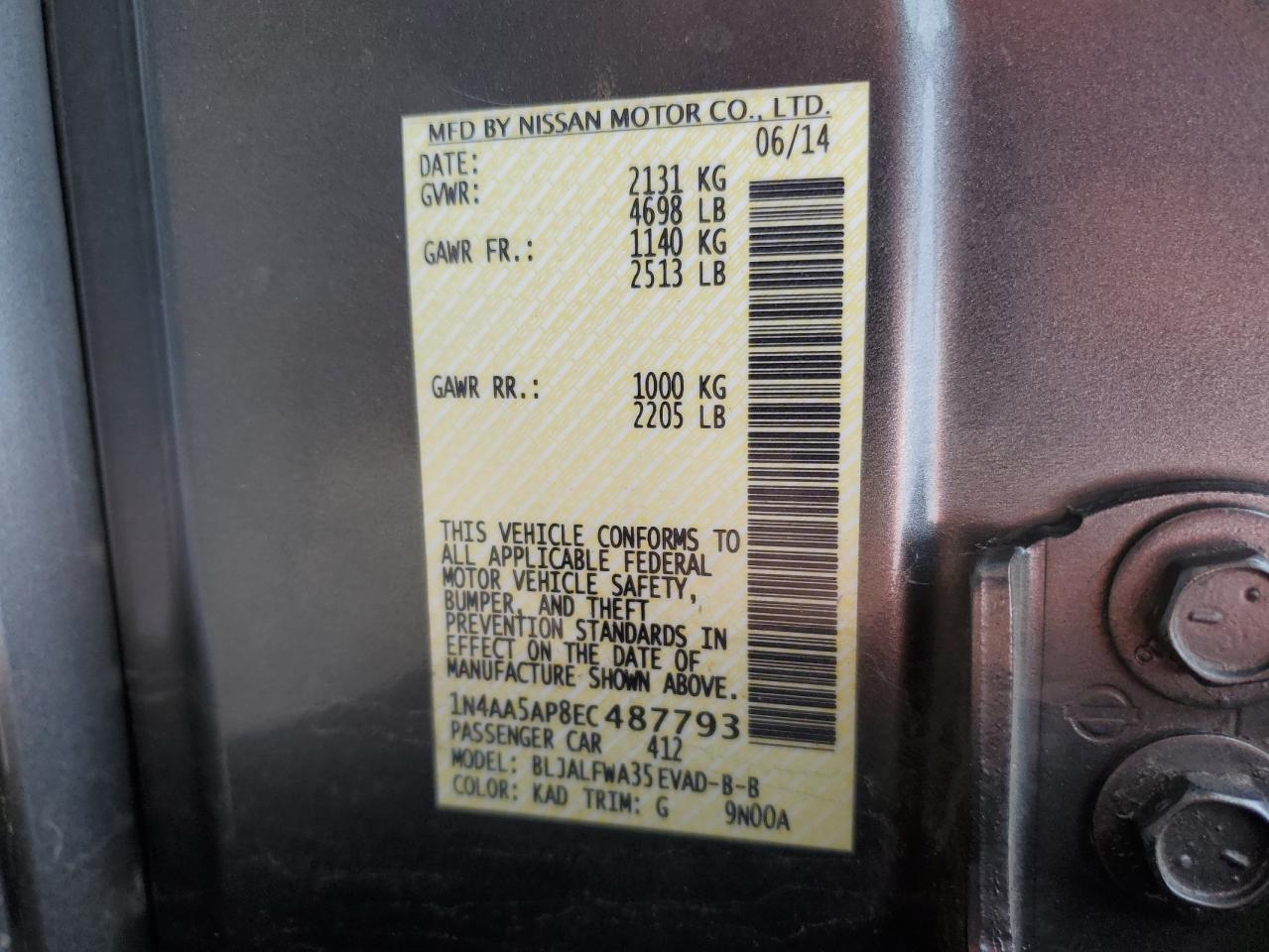 2014 Nissan Maxima S VIN: 1N4AA5AP8EC487793 Lot: 54228395