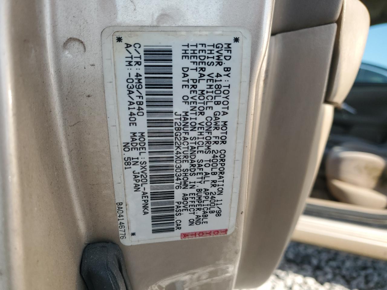1999 Toyota Camry Le VIN: JT2BG22K4X0303476 Lot: 51157205