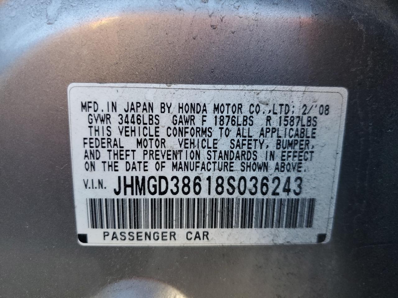 2008 Honda Fit Sport VIN: JHMGD38618S036243 Lot: 53360475