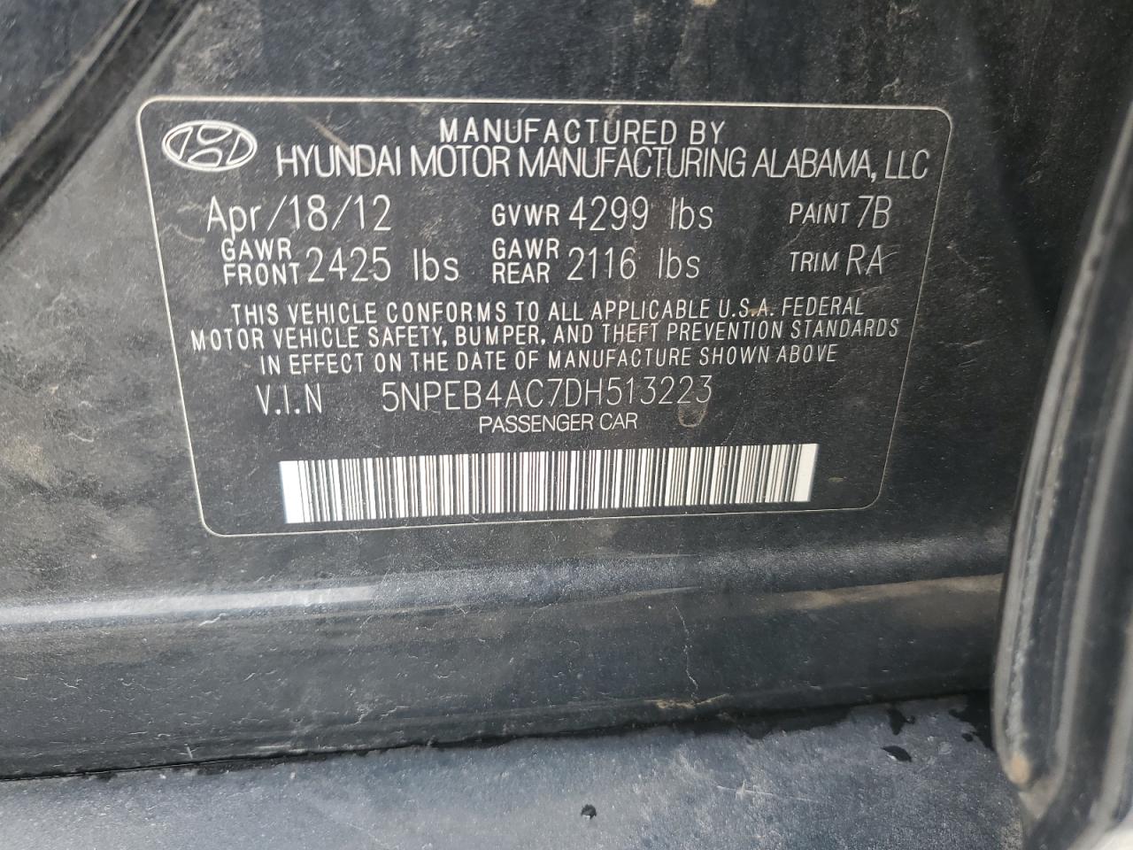 2013 Hyundai Sonata Gls VIN: 5NPEB4AC7DH513223 Lot: 55096655