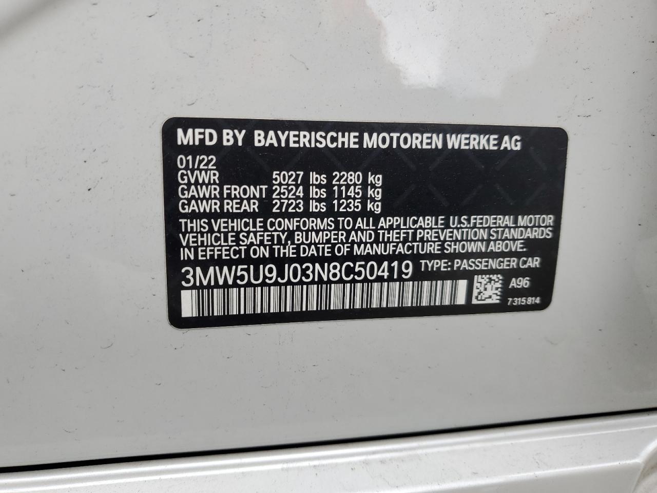 2022 BMW M340Xi VIN: 3MW5U9J03N8C50419 Lot: 54920175