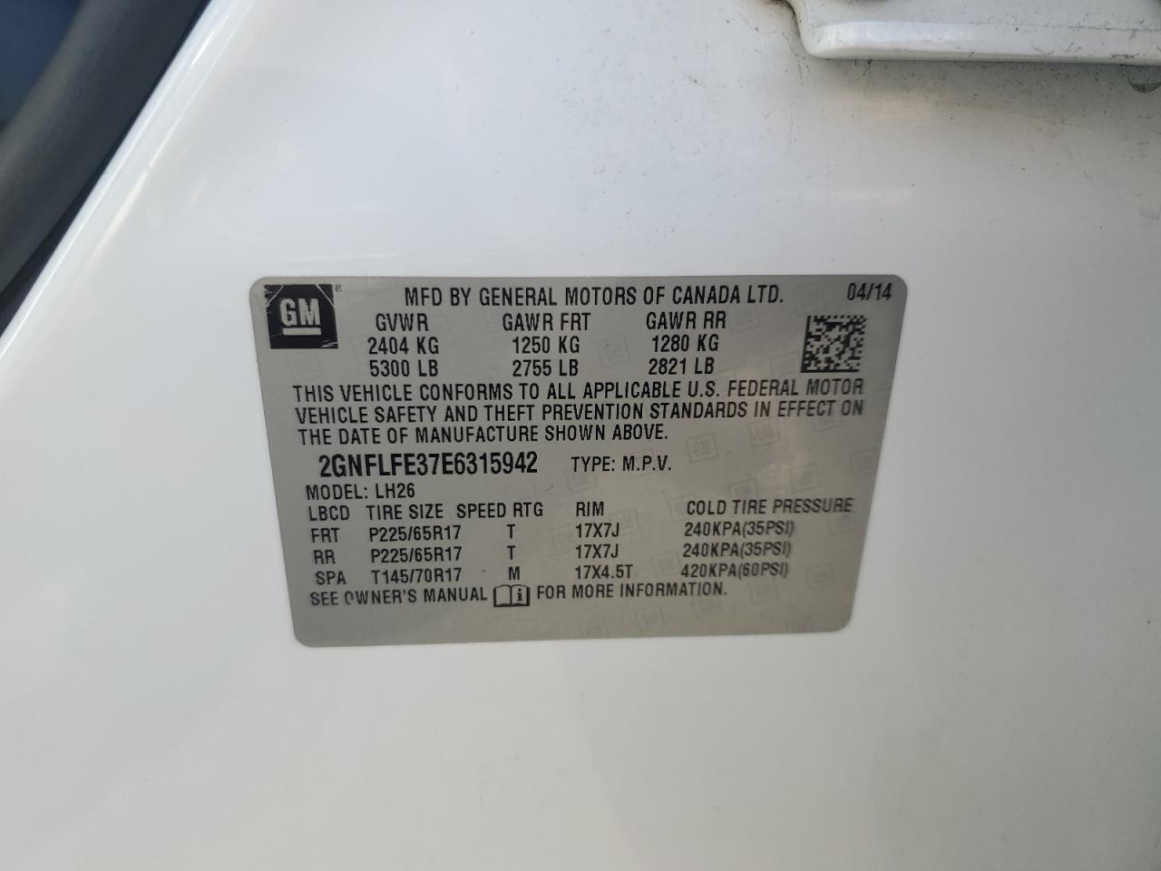 2014 Chevrolet Equinox Lt VIN: 2GNFLFE37E6315942 Lot: 51788585