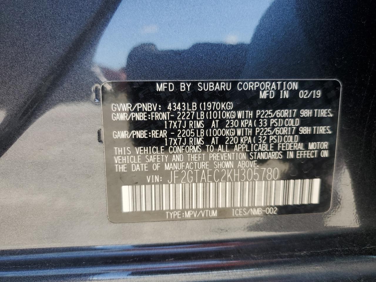 2019 Subaru Crosstrek Premium VIN: JF2GTAEC2KH305780 Lot: 50782415