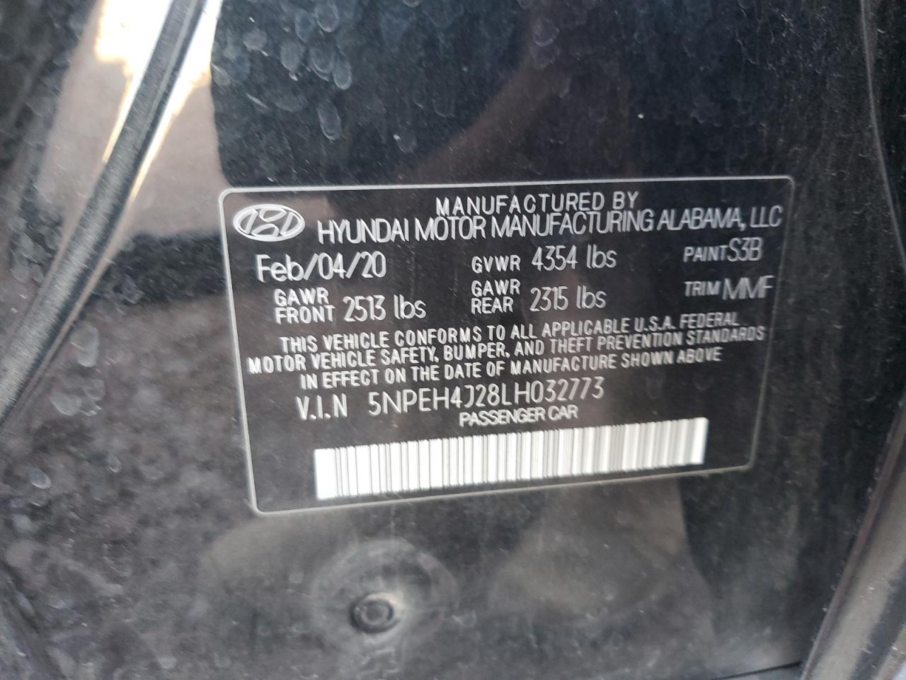 2020 Hyundai Sonata Limited VIN: 5NPEH4J28LH032773 Lot: 53691675