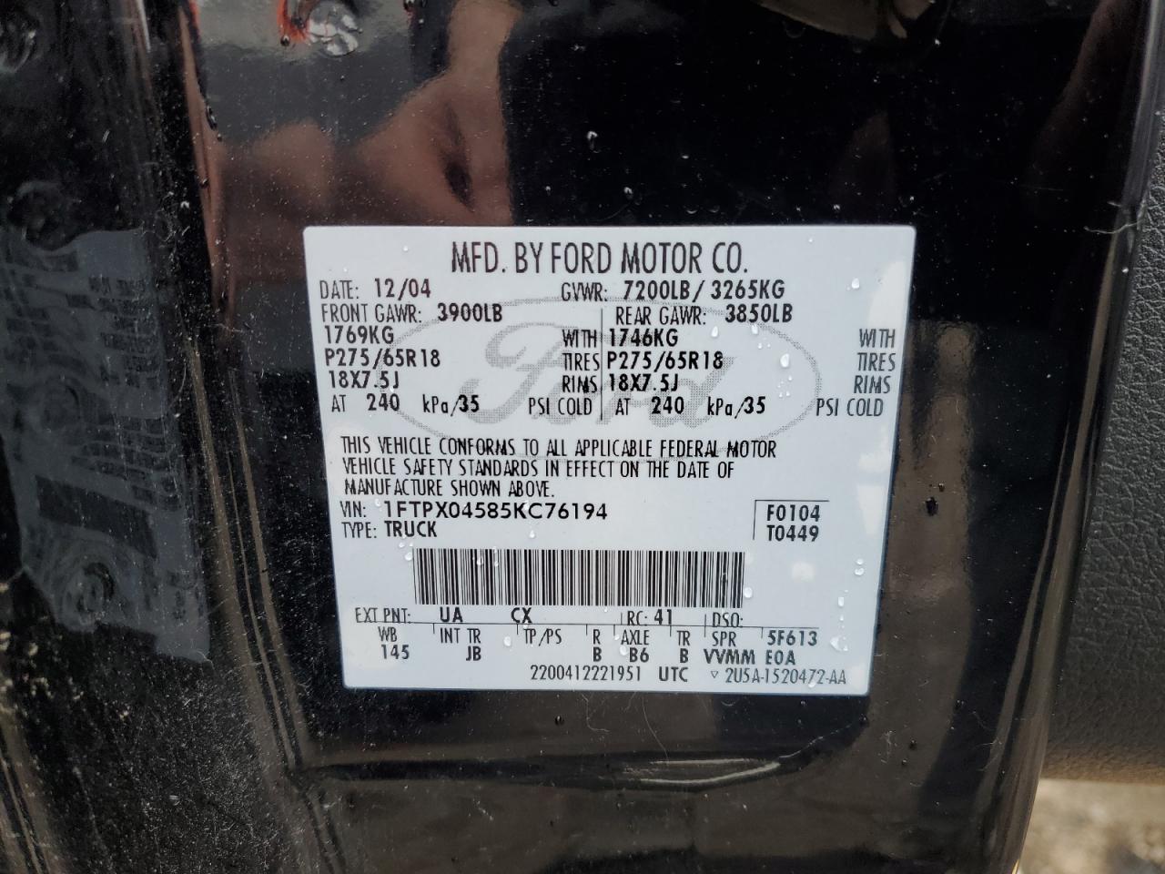 2005 Ford F150 VIN: 1FTPX04585KC76194 Lot: 59872865