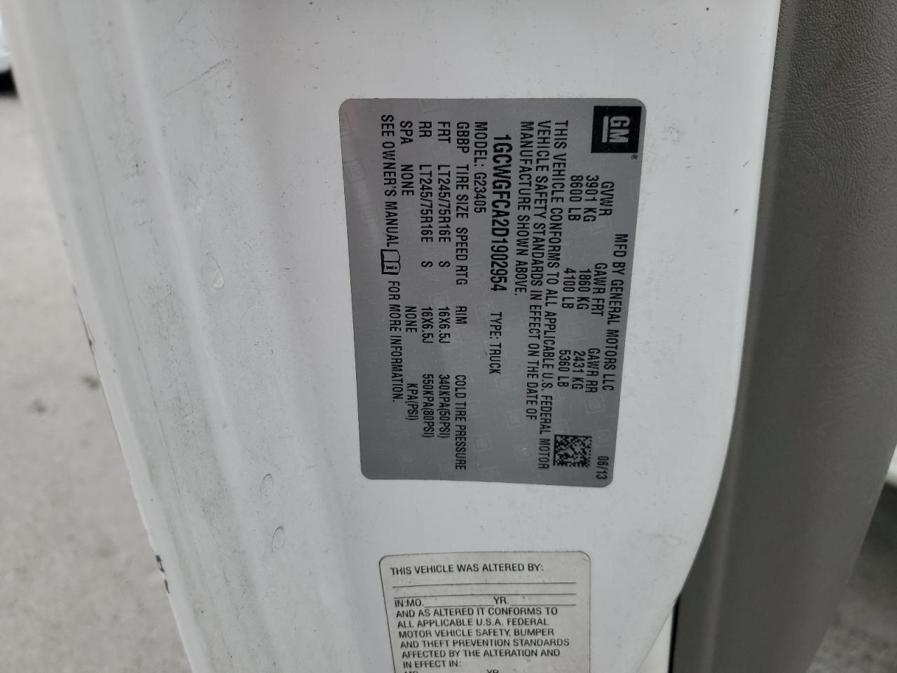 2013 Chevrolet Express G2500 VIN: 1GCWGFCA2D1902954 Lot: 51749275